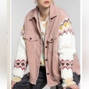 POL Jacket L Pink Winter Corduroy Sweater Sleeve Raw Hem BOHO Cotton New NWOT